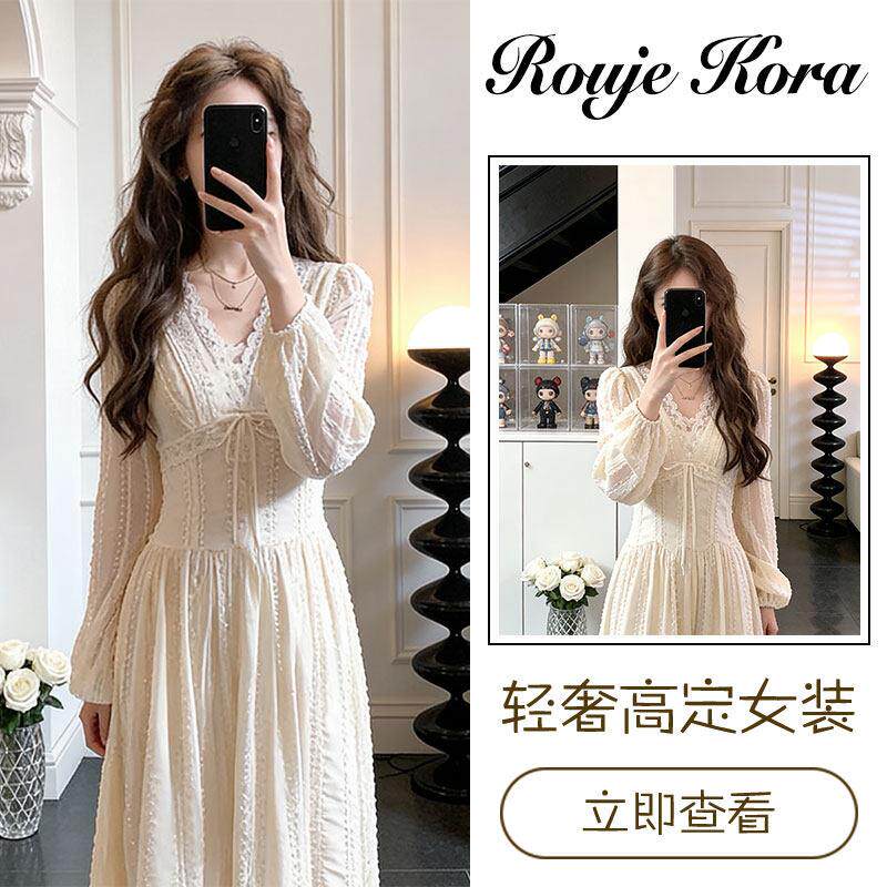 Rouje Kora法式复古蕾丝连衣裙女士春季高级感收腰气质显瘦长裙子
