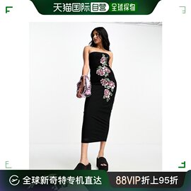 香港直邮潮奢 ASOS 女士设计抹胸网纱玫瑰刺绣侧边中长连衣裙(黑)