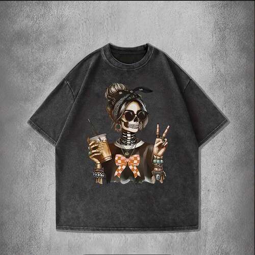 skull coffee graphic t shirt for women edgy skeleton peace