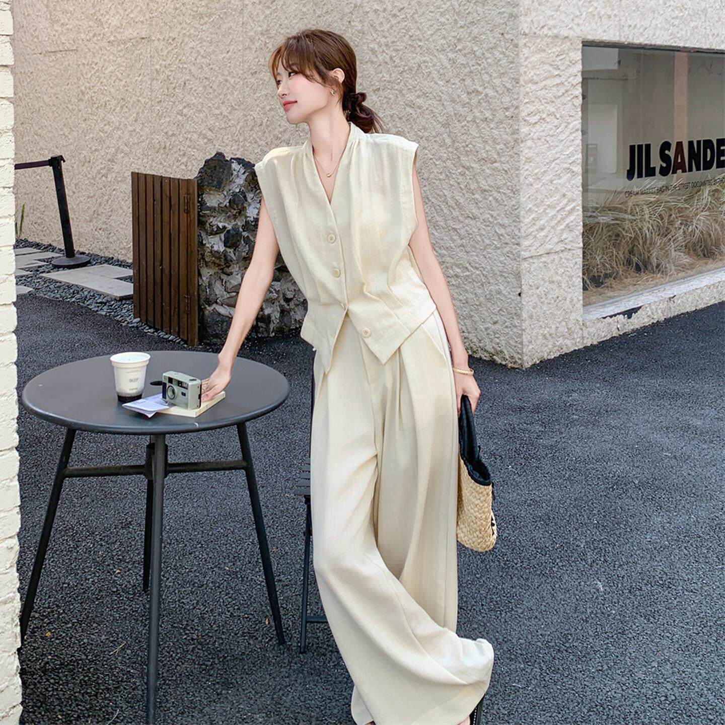 韩国女夏季轻奢米色V领马甲套装少女遮肉休闲阔腿裤通勤气质两件