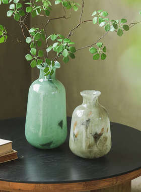 绿色中古玻璃花瓶摆件创意水养客厅电视柜玄关插花装饰品法式琉璃