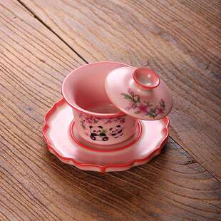 猪油冻熊猫盖碗三才盖碗茶具粉红女士陶瓷茶具敬茶杯李辉熠盖碗