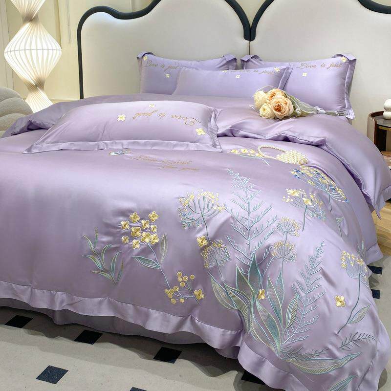 四件套高端轻奢风超柔雪莲天丝刺绣水洗天丝真丝床单被套床上用品