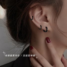s925纯银黑色耳扣女耳圈耳环2023年小众设计耳钉耳骨钉耳骨环