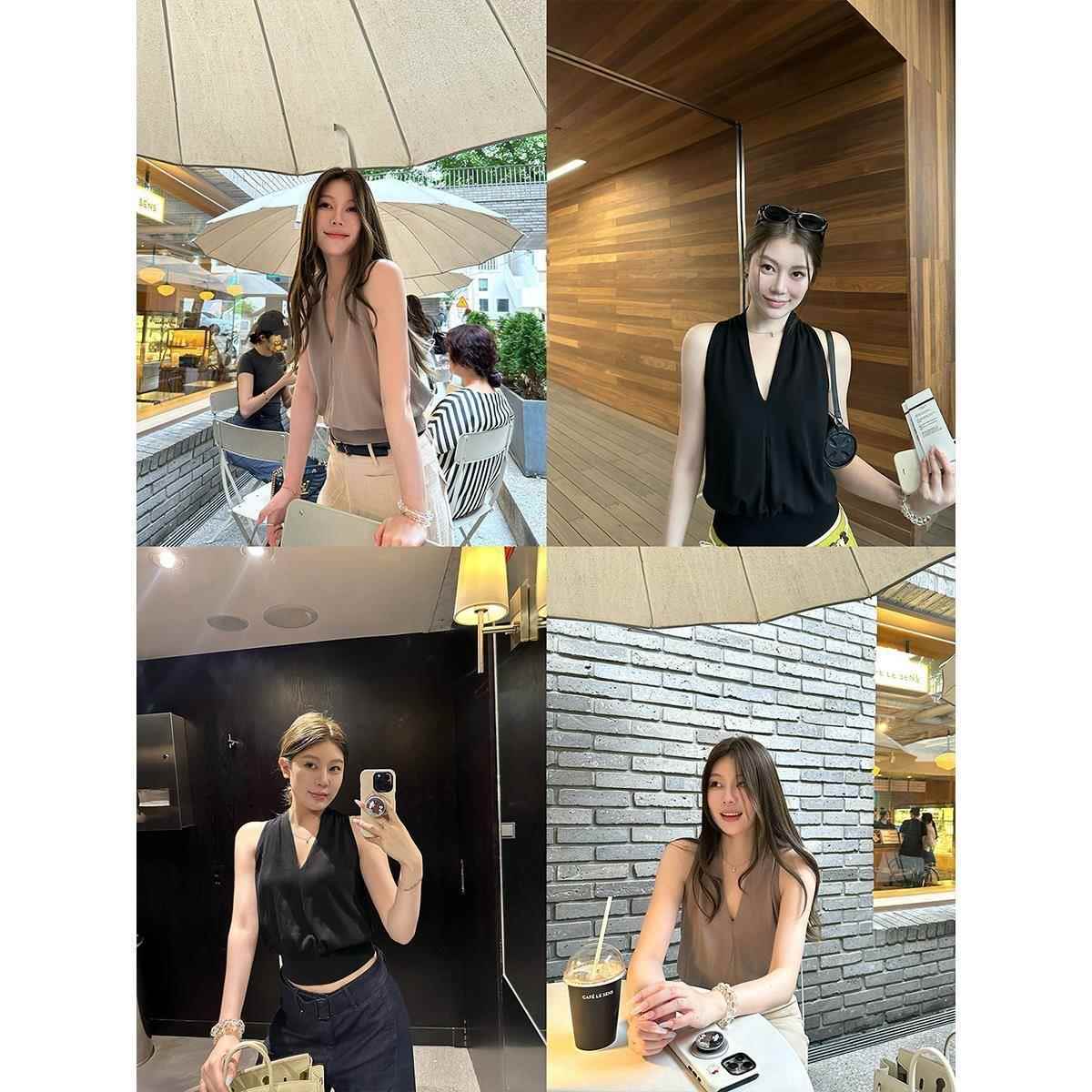 蝶宝嘻 质气姐姐专线 线 清透天丝V领显瘦气质无袖上衣T恤打底衫