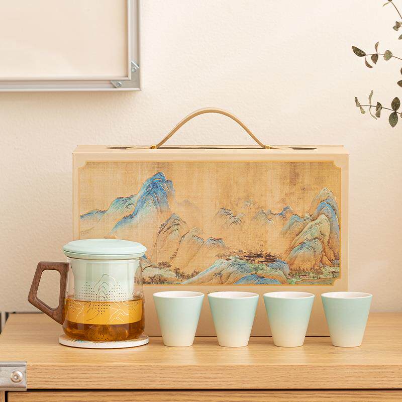 金澜江山玻璃快客杯泡茶器陶瓷一壶四杯便携茶杯办公杯茶水分离杯