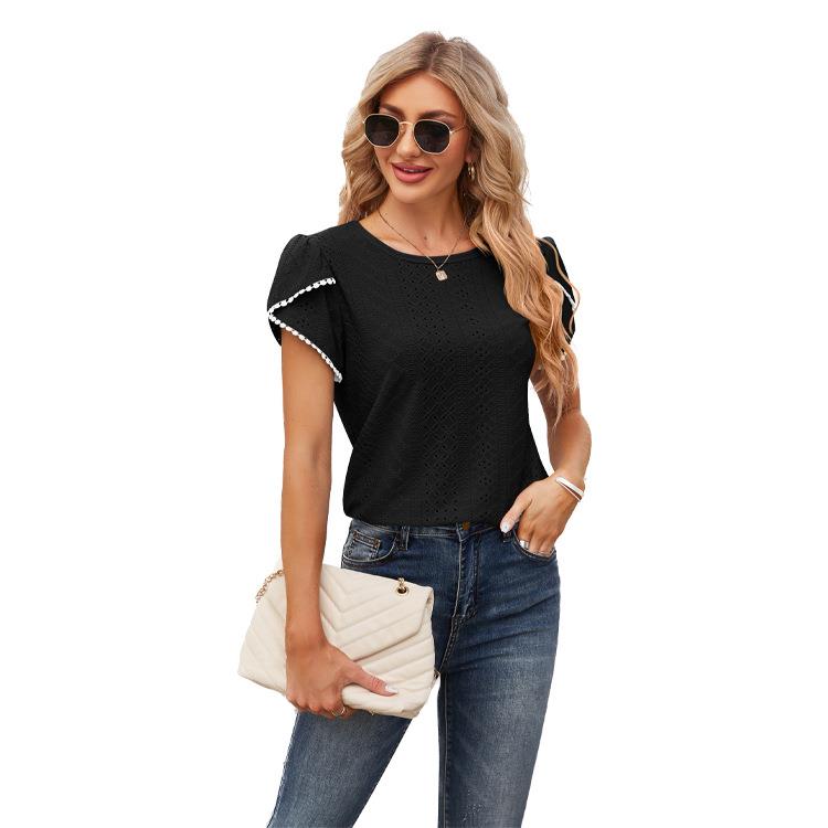 Womens round neck petal sleeve loose casual eyelet T-shirt