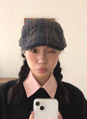 【古着前进帽】覆古毛呢棕色格纹前进帽美拉德风百搭秋冬鸭嘴帽潮