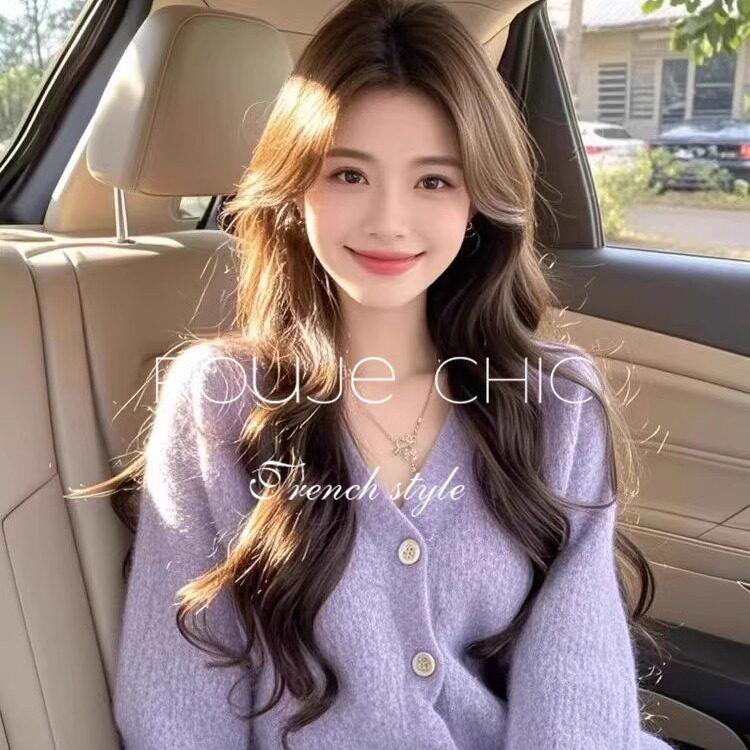 法国rouje chic法式高级感紫色v领宽松短款针织衫毛衣女春季上衣