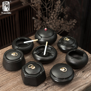 陶瓷防风防飞灰带盖车载大号烟缸 陶迷磨砂黑陶烟灰缸家用创意个性