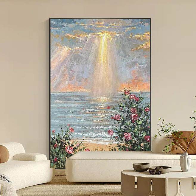 纯手绘油画日出玫瑰海岸风景玄关装饰画现代简约客厅立体肌理挂画