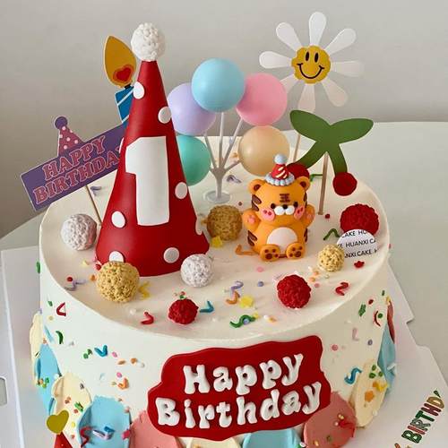 新款直销儿童虎宝宝周岁蛋糕装饰插件周岁三角形红色帽子新品可爱