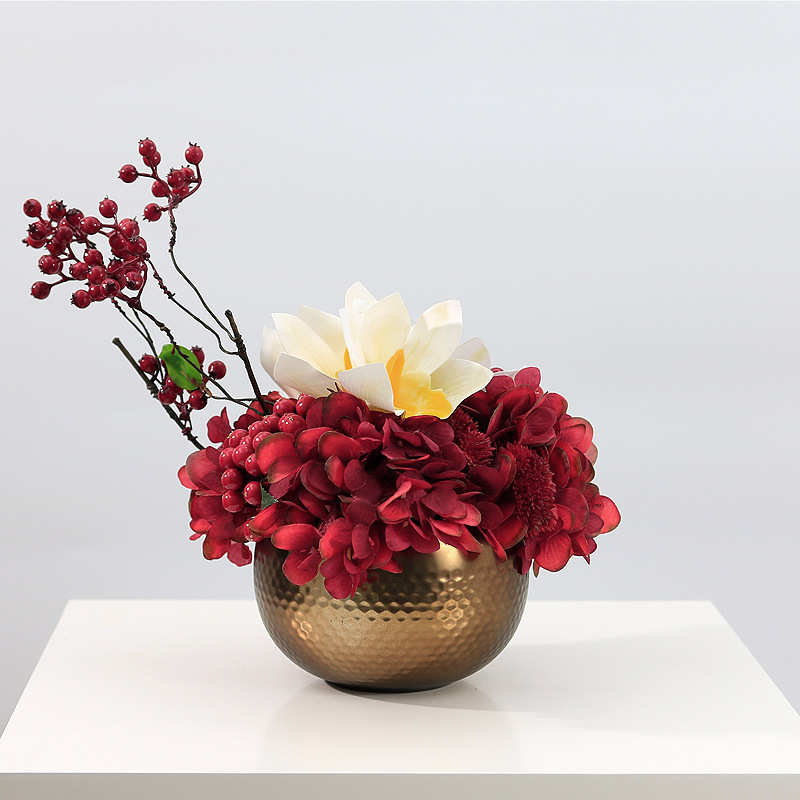 新中式红色仿真花艺金色陶瓷软装喜庆婚庆样板房售楼处洽谈桌摆件