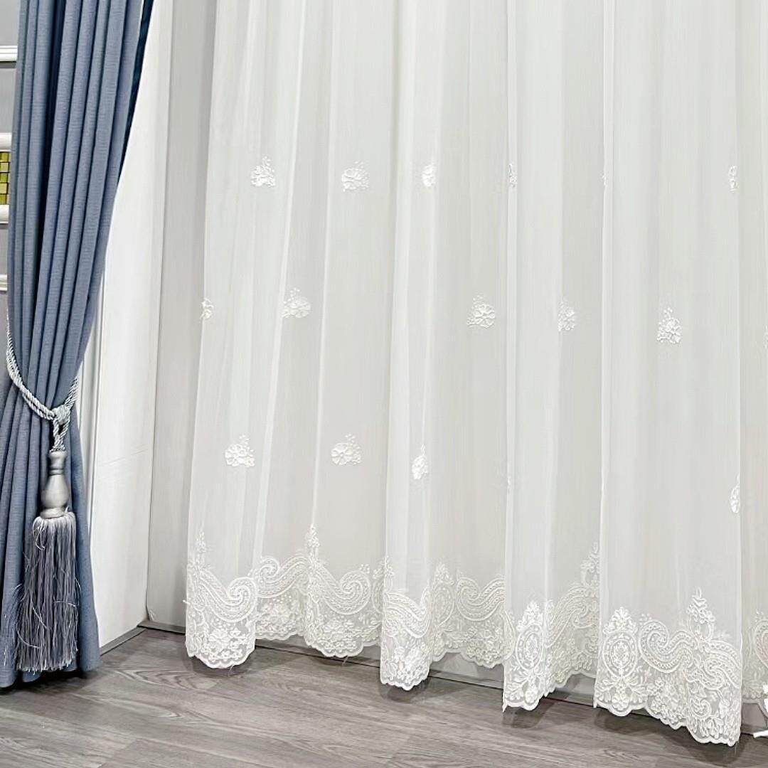 新款简约半遮光白色蕾丝绣花窗纱阳台卧室飘窗透光纱帘成品定制