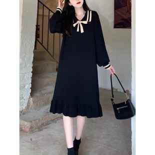 高级感中长款黑色毛衣裙女冬大码胖mm减龄巨显瘦内搭针织连衣裙女