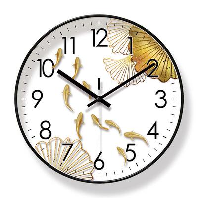 易普拉6077国风九鱼挂钟客厅钟表时尚新中式时钟静音扫秒石英钟