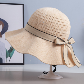 米色夏天棉麻镂空遮阳帽春季旅游防晒凉帽子，女士洋气可折叠渔夫帽