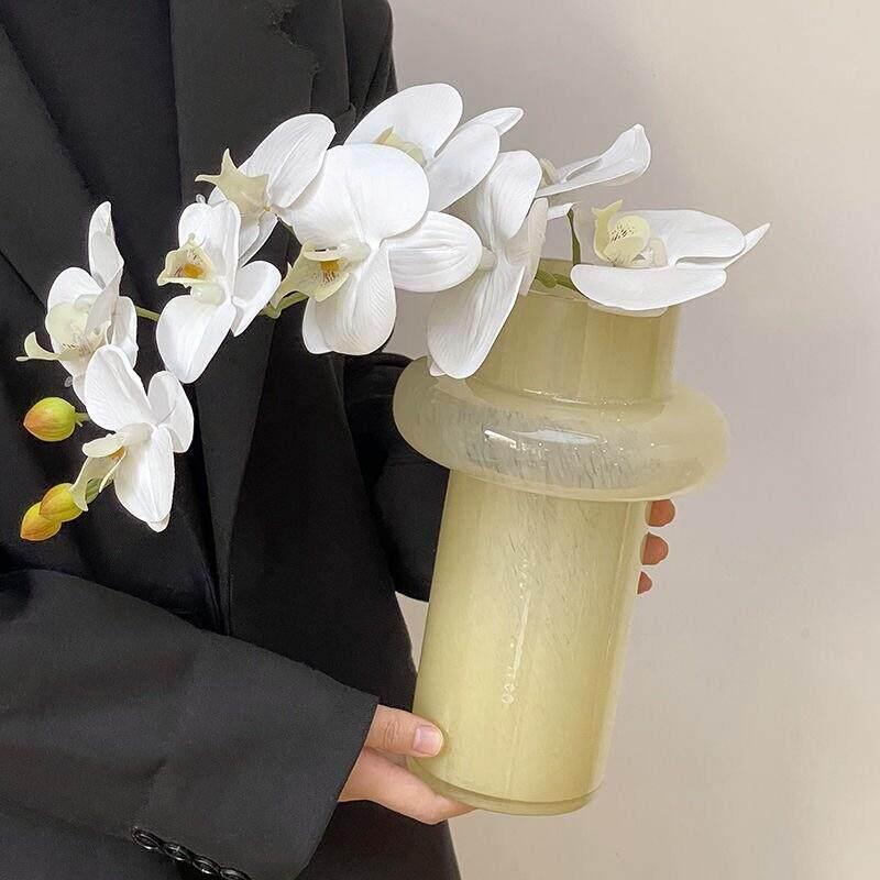 中古玻璃花瓶 气泡玉石法式覆古小众客厅轻奢插花花器摆件奶