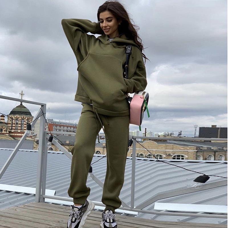 suit two-piece casual sweatshirt hooded color solid pocket
