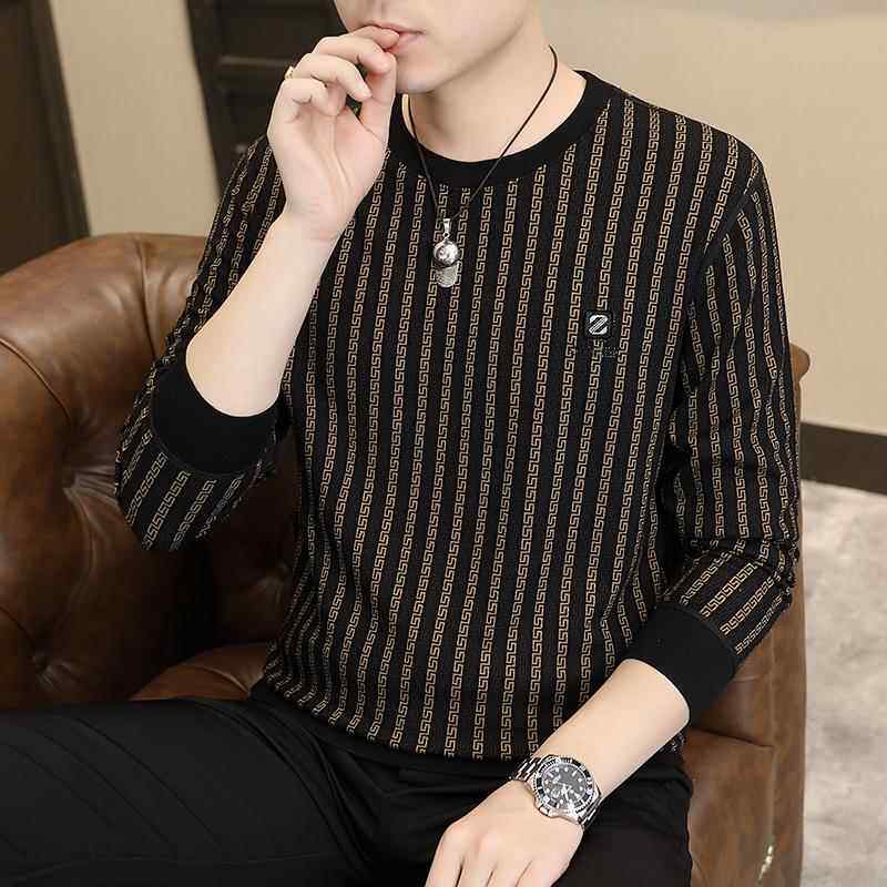 高档名牌春秋男士竖条纹运动衫，时尚休闲圆领长袖t恤，搭配秋装