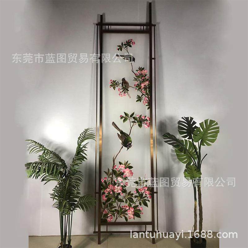 大幅半透明纱布画双面刺绣仿真丝隔断古画花鸟铝合金属不锈钢屏风
