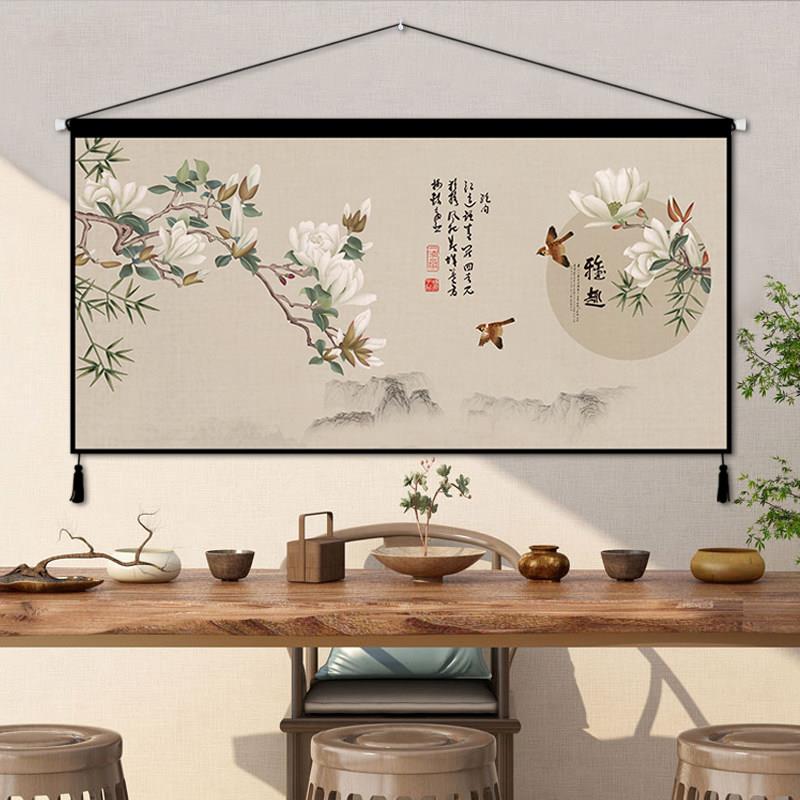 新中国风工笔花鸟装饰画书房客厅壁画中国风挂画织物背景墙挂布挂