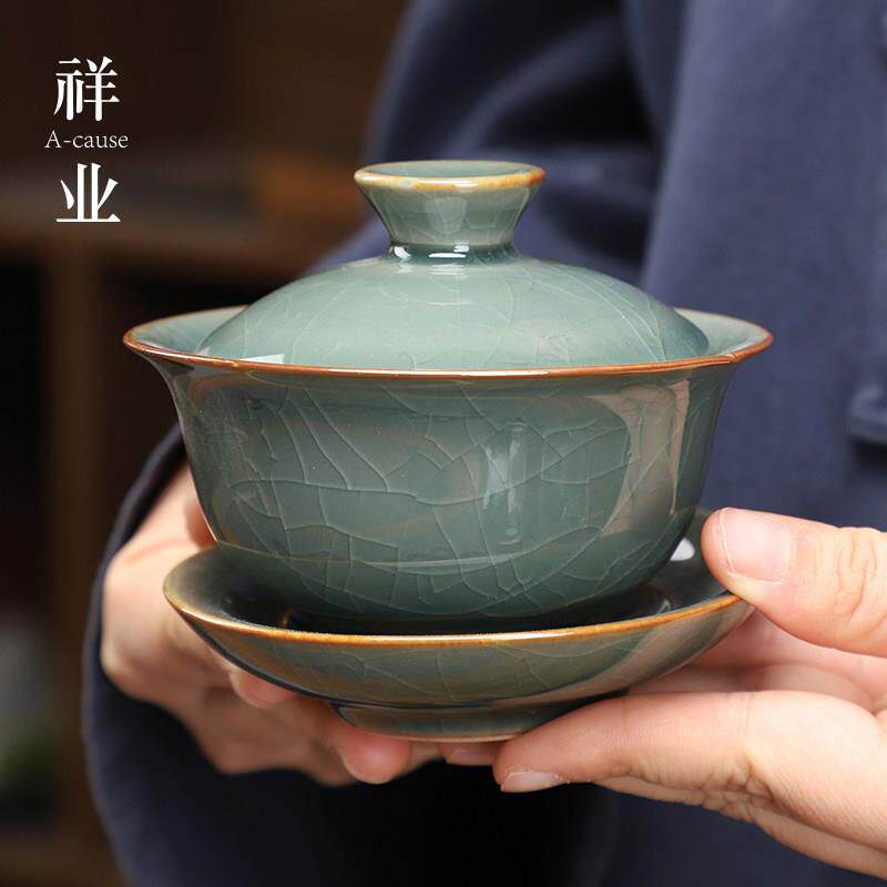 哥窑三才盖碗茶杯大号家用复古泡茶功夫茶具冰裂陶瓷单个泡茶碗
