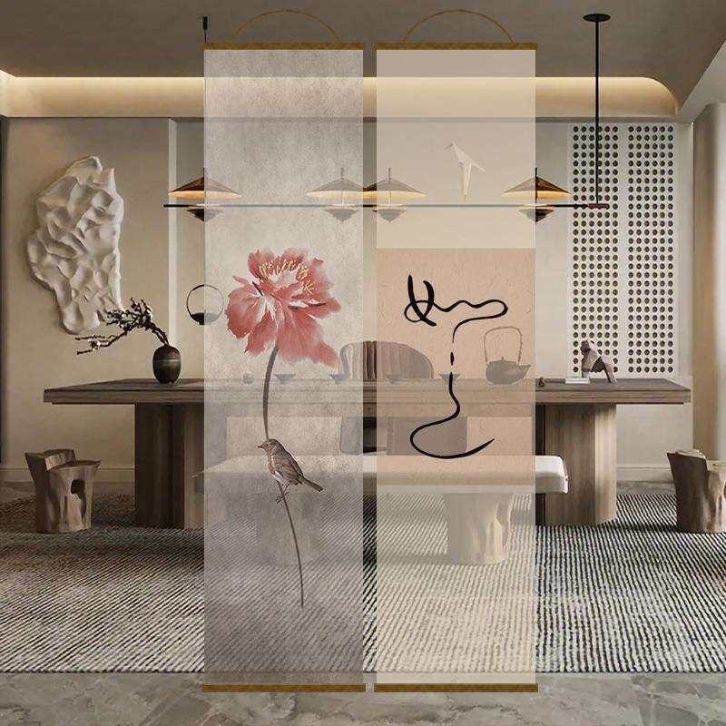 好看水墨竹透景屏风纱中式卷帘隔断帘挂帘水墨窗帘纱帘透光小号隔