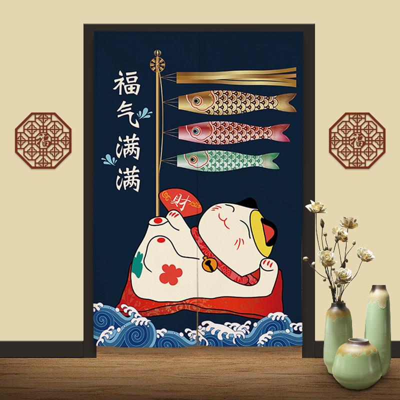日式门帘招财猫布艺挂帘卧室客厅招财进宝布帘免打孔半截隔断帘子