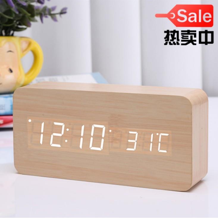 木质迷你声控led木纹钟 创意方形电子闹钟 数字led台钟 时钟
