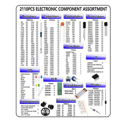 2110pcs电子元件包电容器电阻器二极管LED 洞洞板 DC插孔 PCB套件