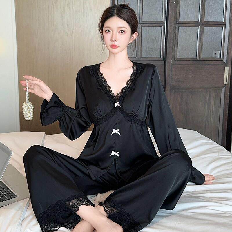 带胸垫长袖冰丝睡衣套装女士春秋纯欲风高级感丝绸蕾丝花边家居服