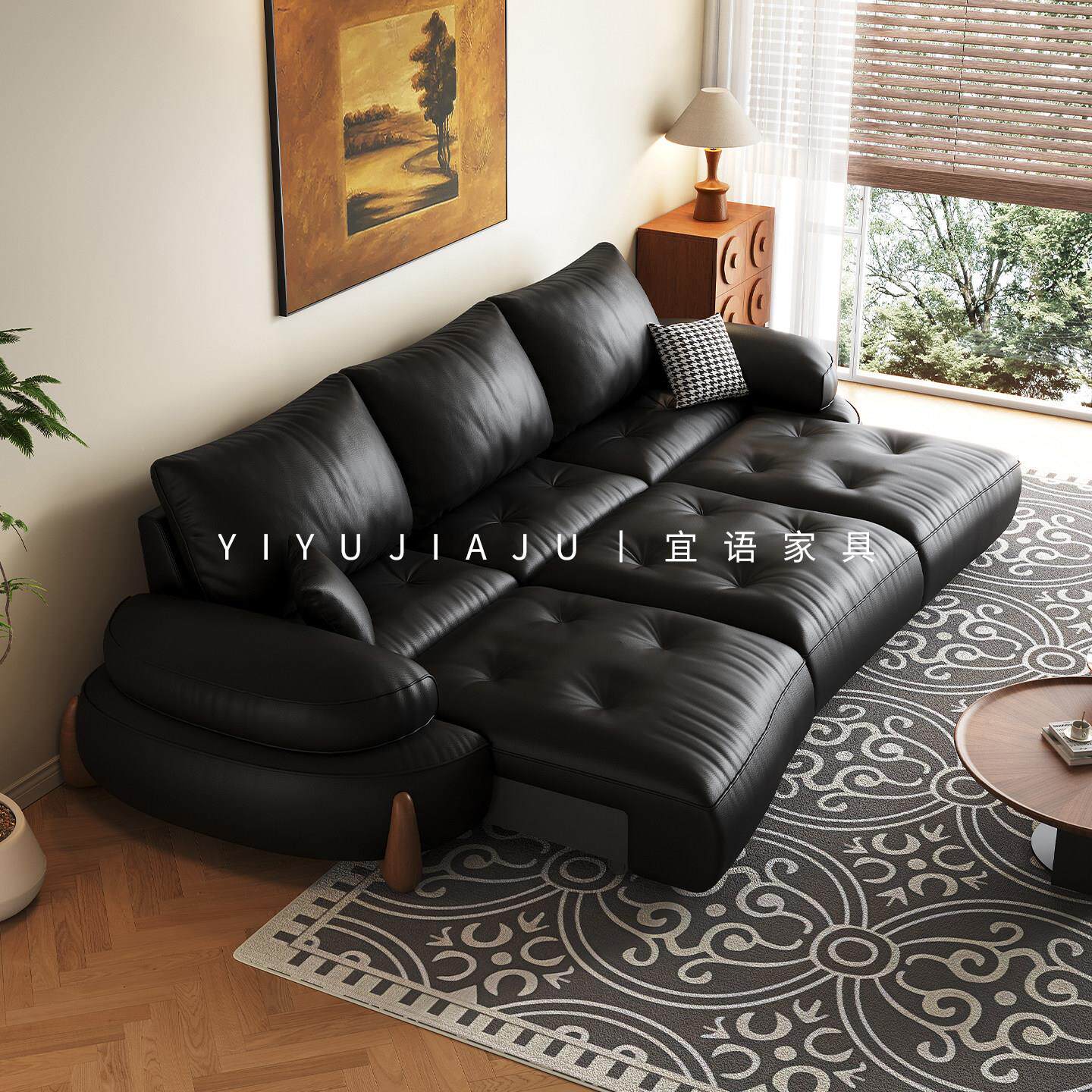 零靠墙弧形电动多功能沙发床两用可伸缩意式中古风实木真皮沙发