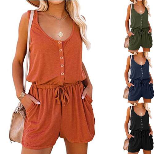 2024 Summer Outfit Women'S Scoop Neck Casual Jumpsuit Button