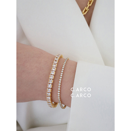 CARCO简约时髦精致锆石满钻手链女 法式风格气质方钻金色手环