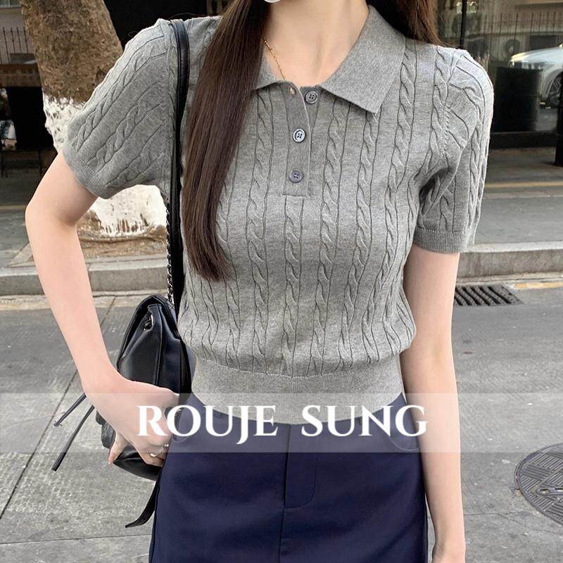ROUJE SUNG~减龄针织短袖t恤女夏季新款polo领修身显瘦短款上衣