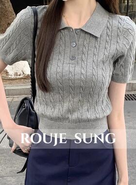 ROUJE SUNG~减龄针织短袖t恤女夏季新款polo领修身显瘦短款上衣