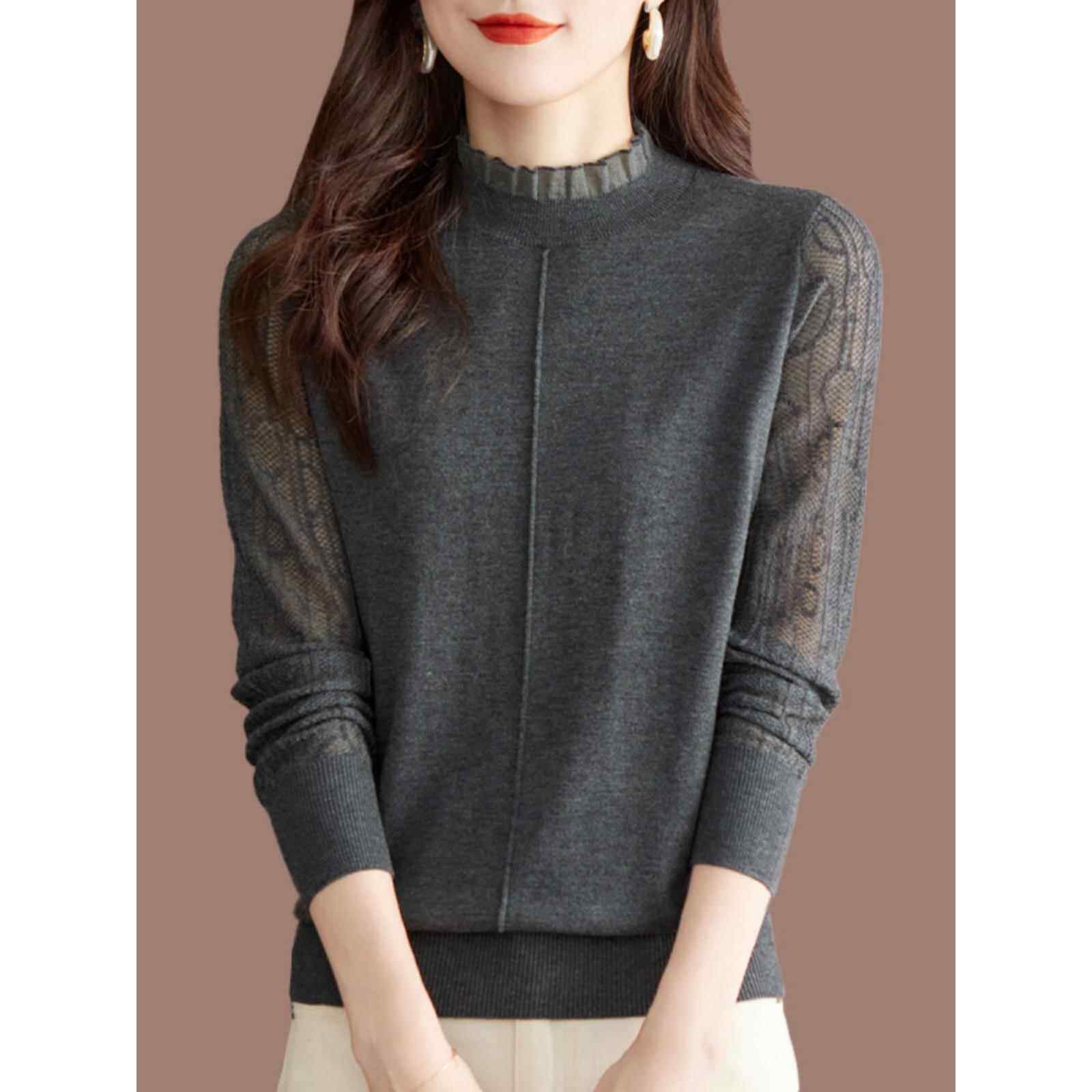 大牌桑蚕丝针织衫蕾丝t恤女春秋长袖小衫中年妈妈洋气打底衫上衣