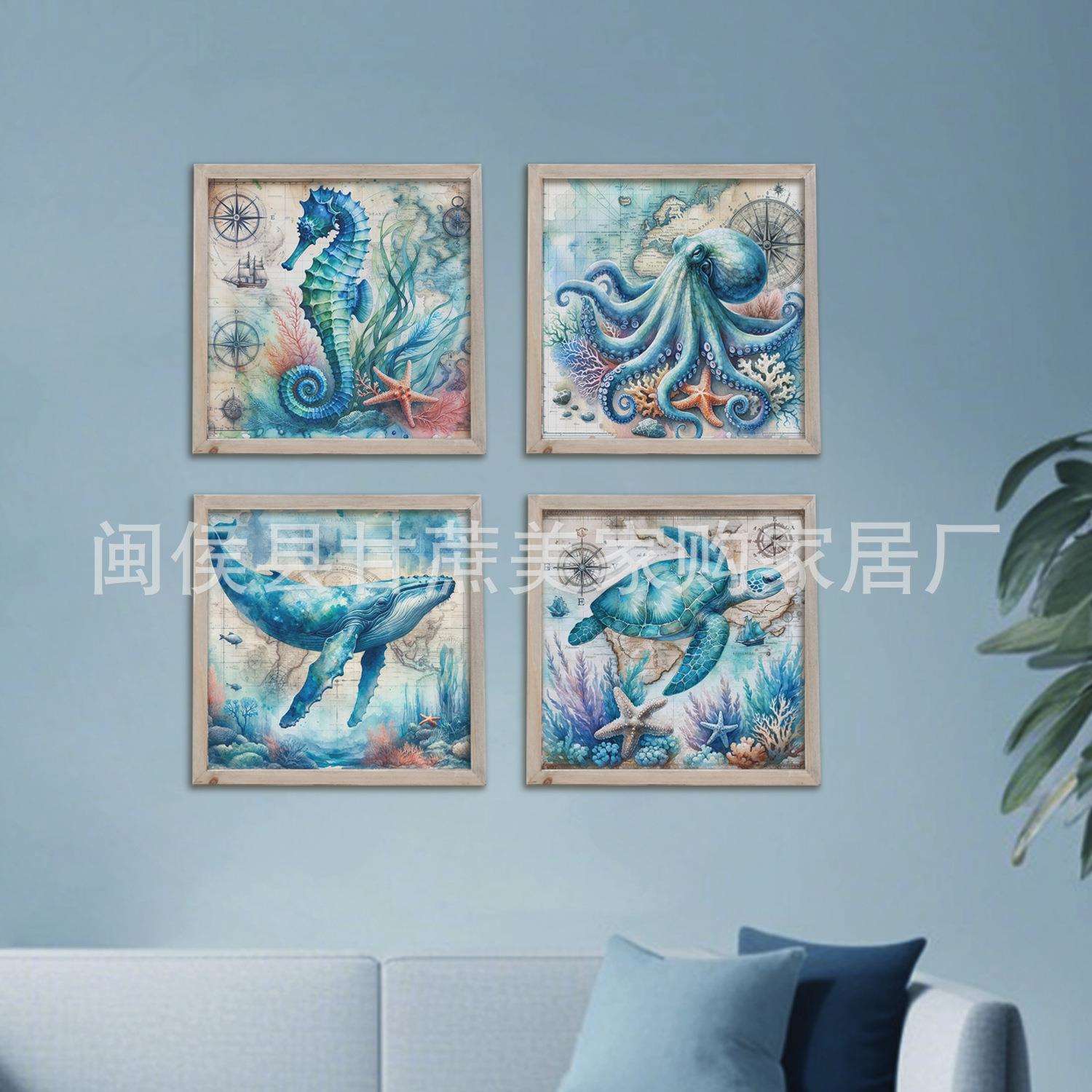 厂家直供美式乡村海洋套4原木框装饰画家居通用饰品出口