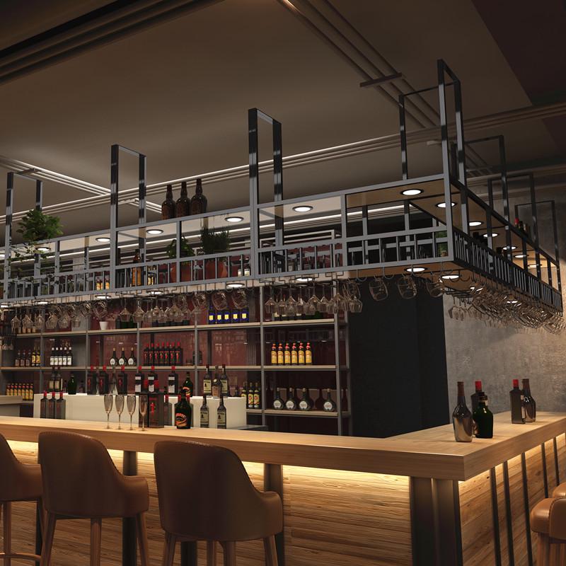 loft工业风酒吧吧台吊架展示红酒架复古收银台餐厅吊柜悬挂酒杯架