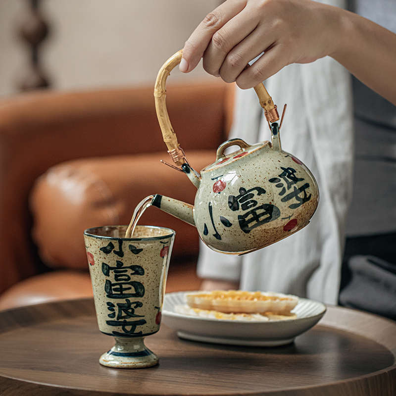 巷子尾〖小富婆手绘茶壶套装〗粗陶提梁壶女士一人小壶泡茶壶茶具