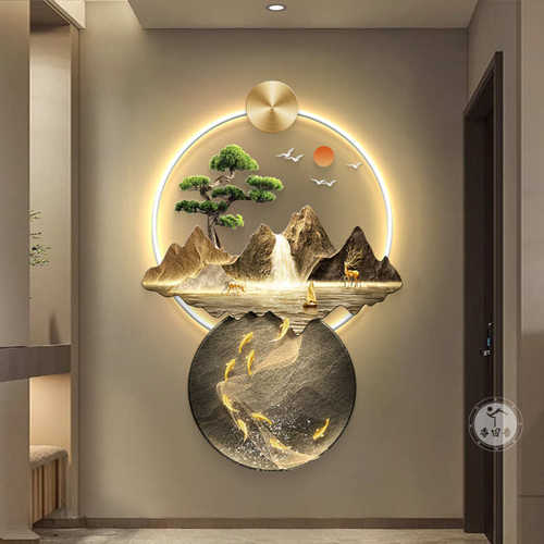 轻奢九鱼图入户玄关装饰画led灯走廊过道挂画高级感山水发光壁画