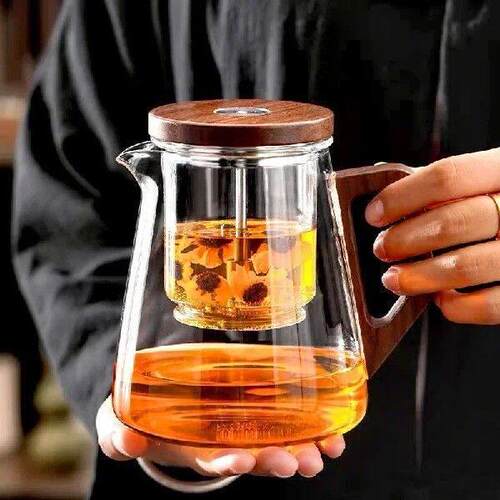 One Click Tea Separation Filtration Glass Teapots With Wood