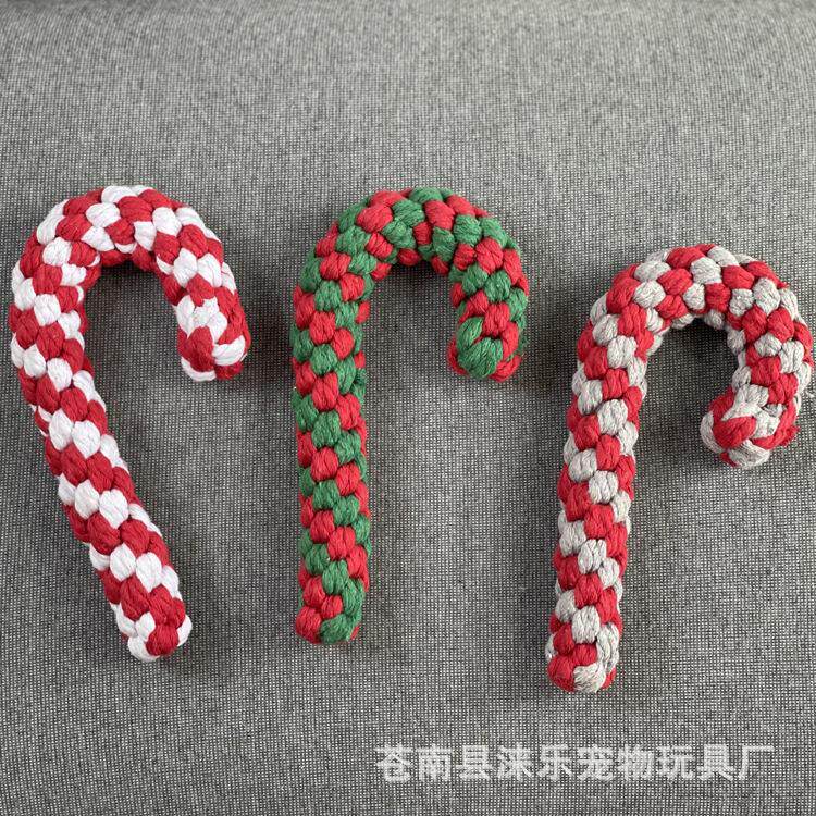 圣诞系列棉绳拐杖宠物玩具手工棉绳狗狗洁齿耐咬玩具厂家现货