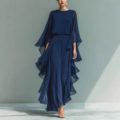 Navy blue top with flared sleeves and straight leg pants