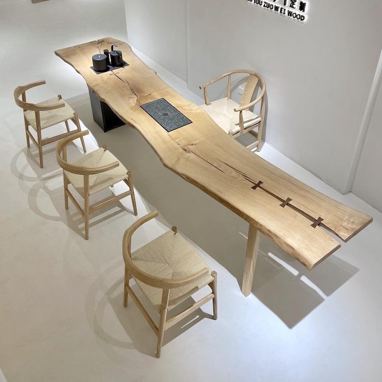 白蜡木实木大板茶桌侘寂风原木整板异形茶台拉丝复古泡茶长桌子