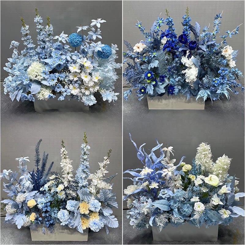 婚庆蓝色地排花挂花路引花婚礼堂背景布置装饰花排彷真绢花花艺