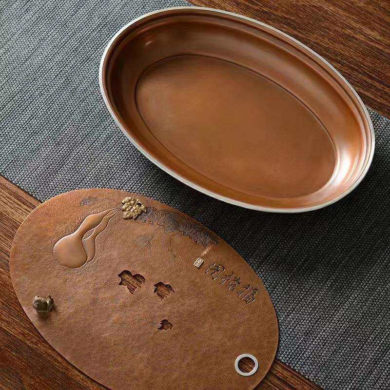 纯铜壶承干泡台福禄錾刻纯手工小型茶盘家用茶具紫铜茶托盘
