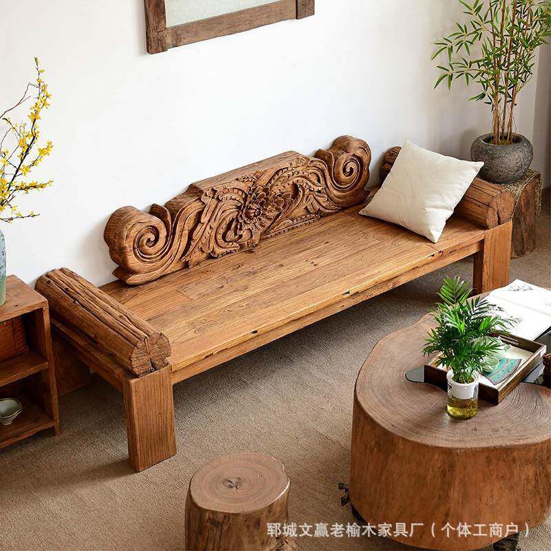 老榆木罗汉床雕花沙发趟椅实木床榻仿古风化老门板小户型民宿家具