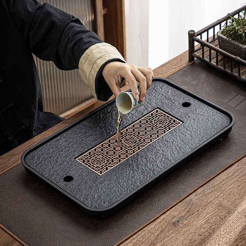 轻奢家用仿乌石瓷茶盘茶具金小型茶台储10003517水茶排水式干泡台